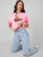 Kotty Graphic Printed Drop Shoulder Sleeves Oversized Crop T-shirt