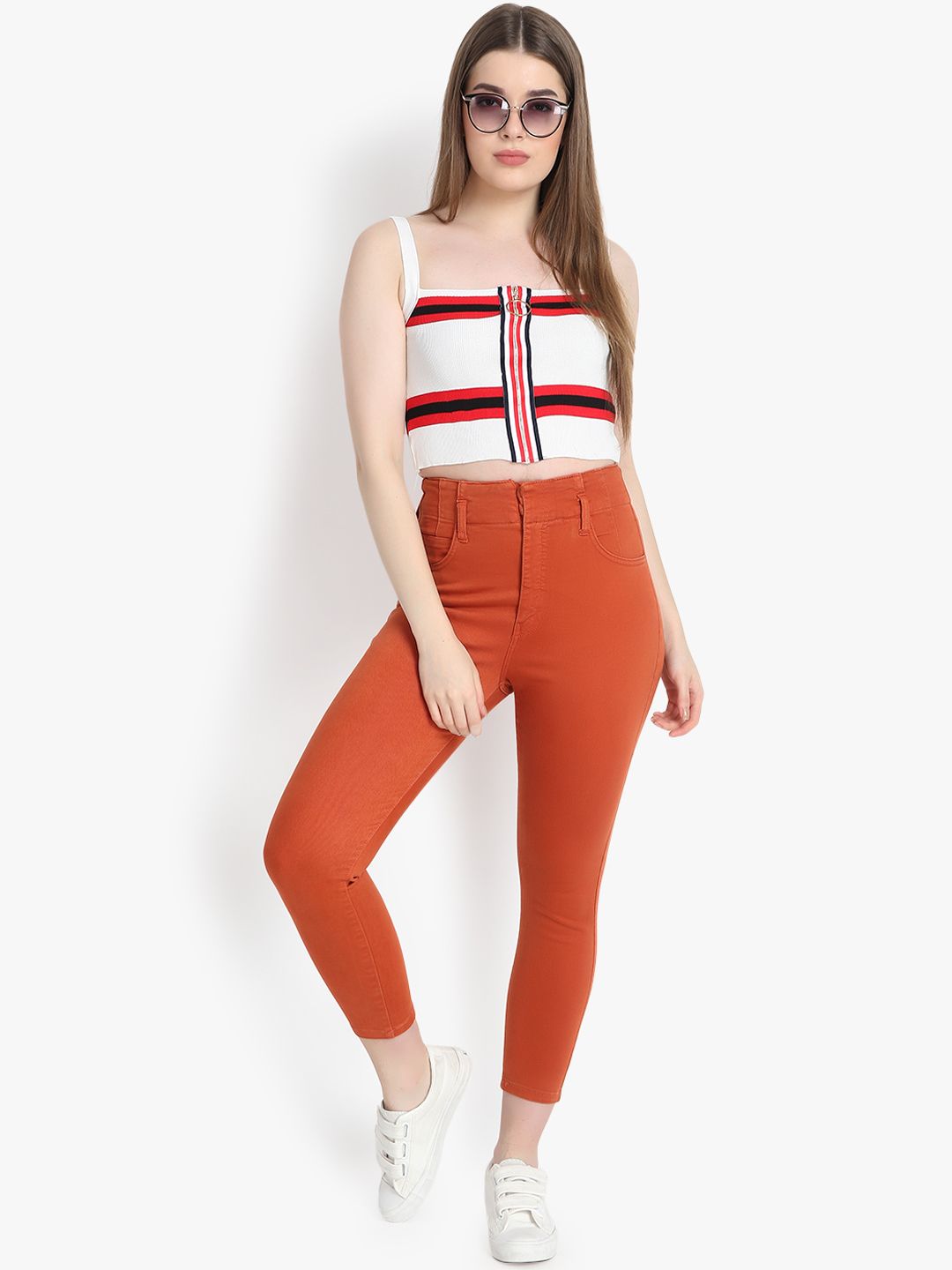 Kotty Women Orange Skinny Fit High-Rise Clean Look Cropped Jeans