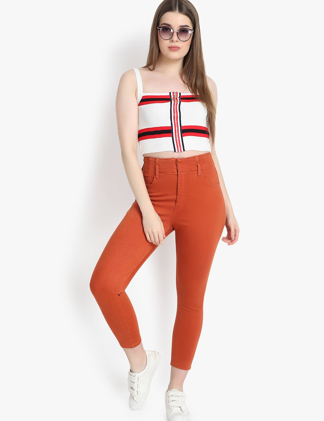 Kotty Women Orange Skinny Fit High-Rise Clean Look Cropped Jeans