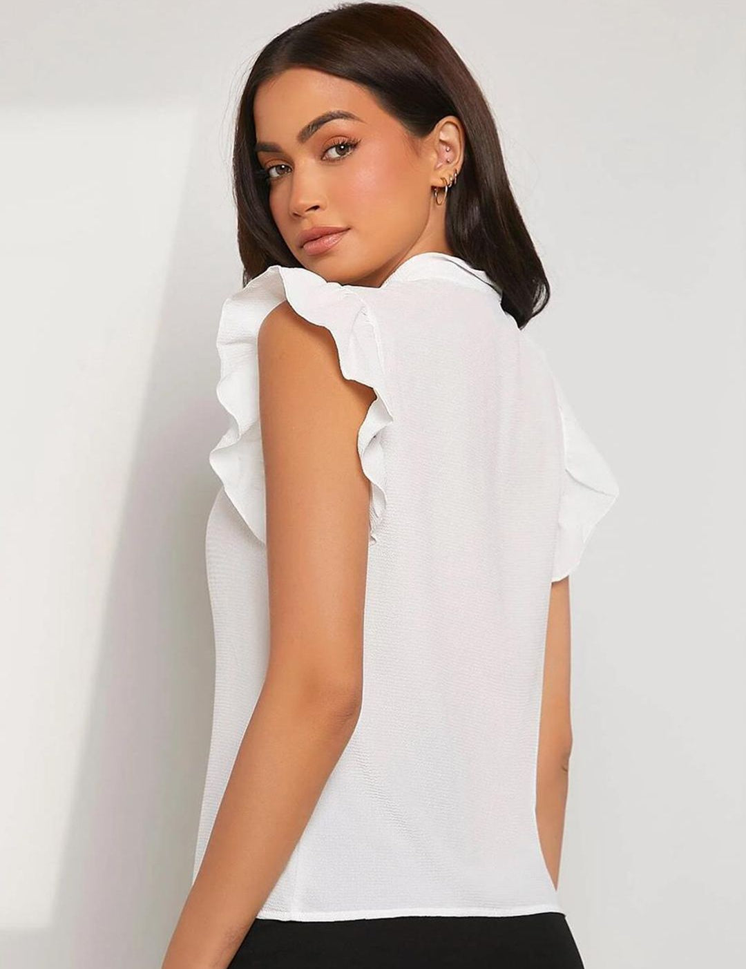 Kotty White Tie-Up Neck Flutter Sleeves Regular Top