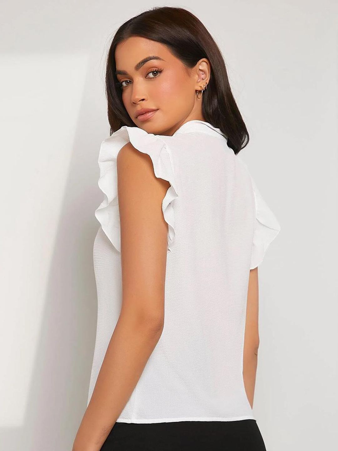Kotty White Tie-Up Neck Flutter Sleeves Regular Top