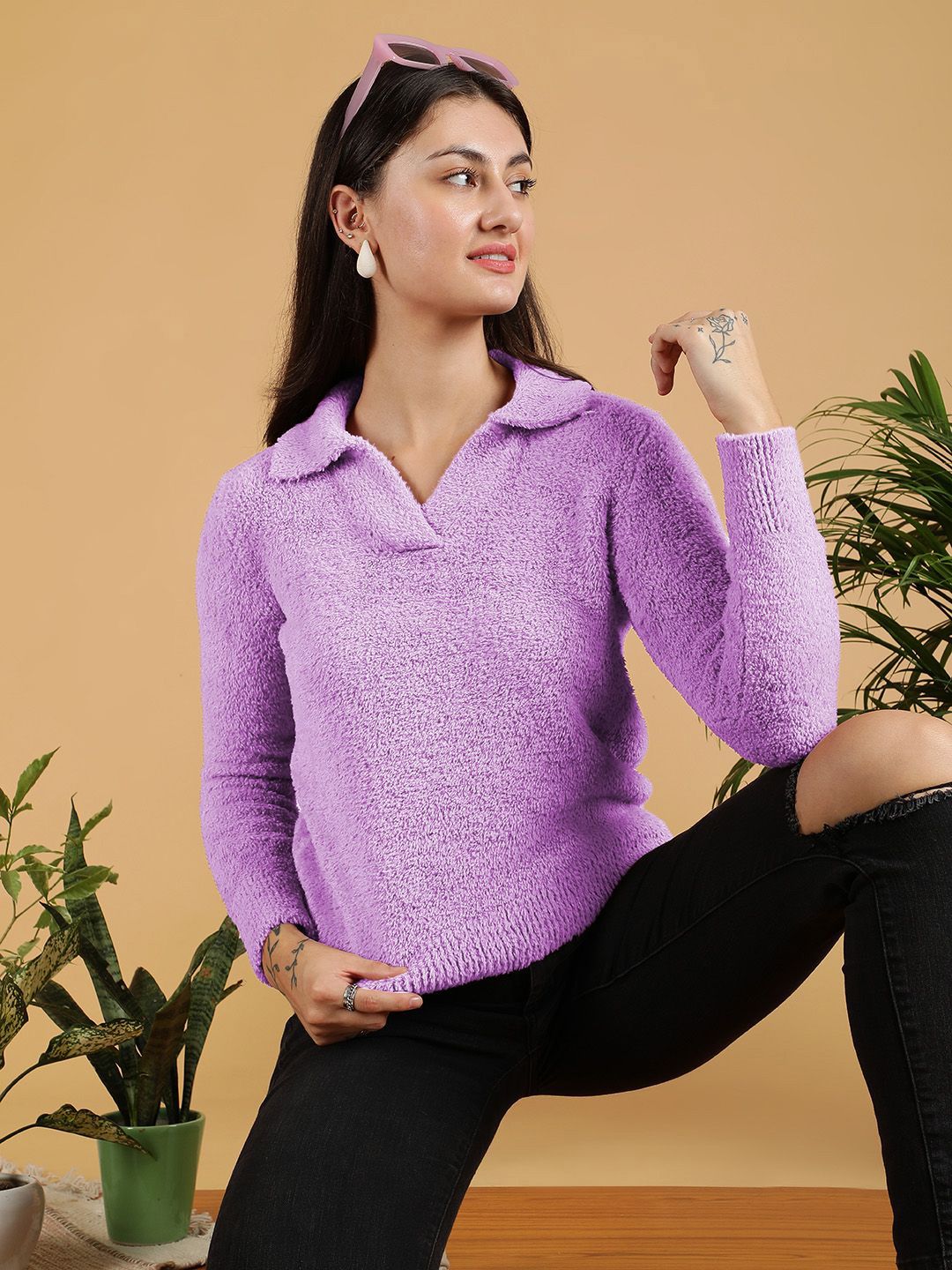 Kotty Women Lapel Collar Fuzzy Pullover Sweaters