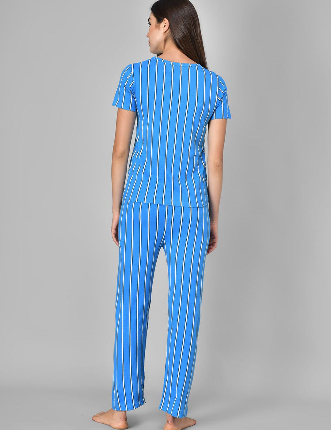 Kotty Women Blue & White Striped Night Suit