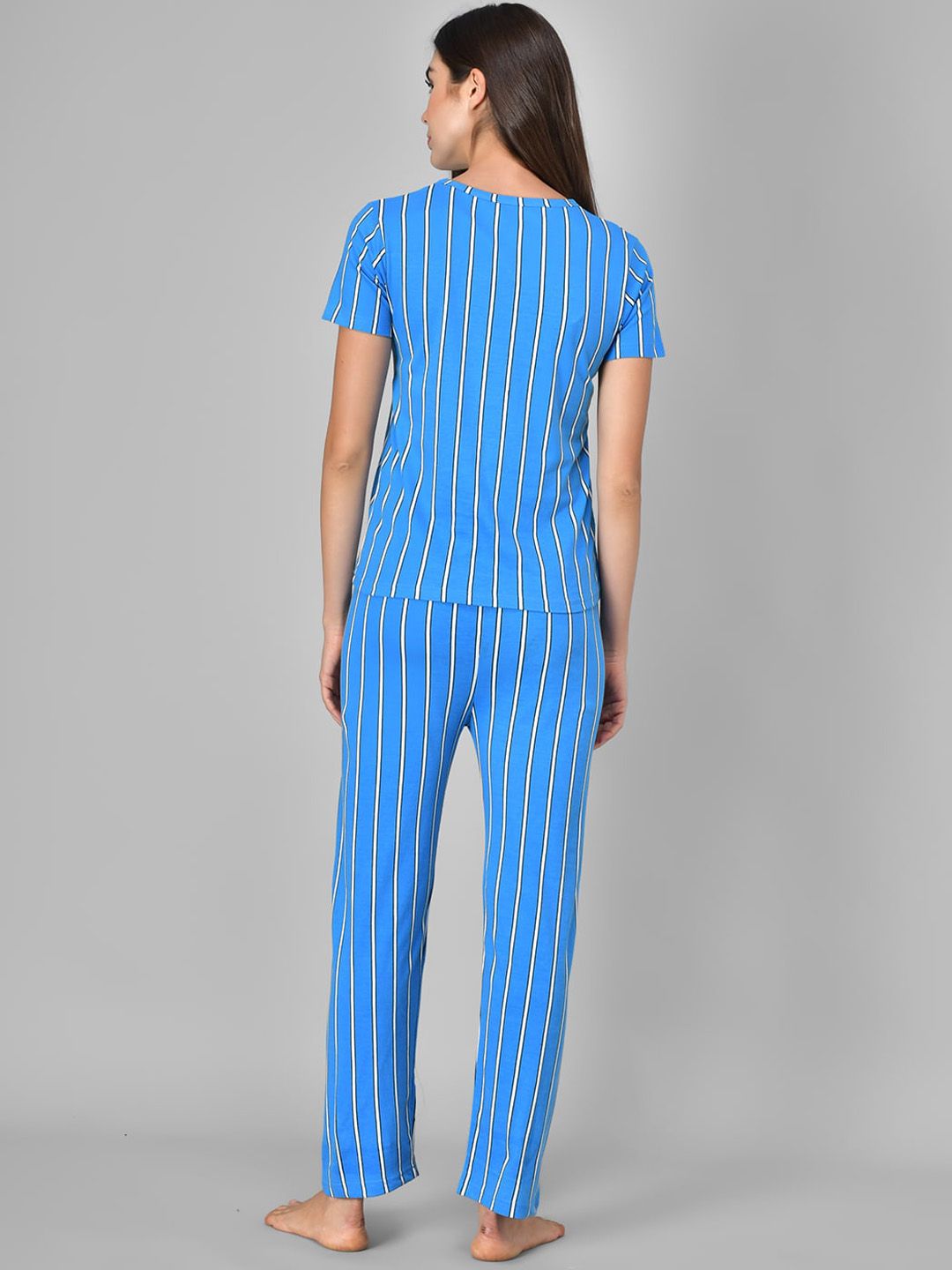 Kotty Women Blue & White Striped Night Suit