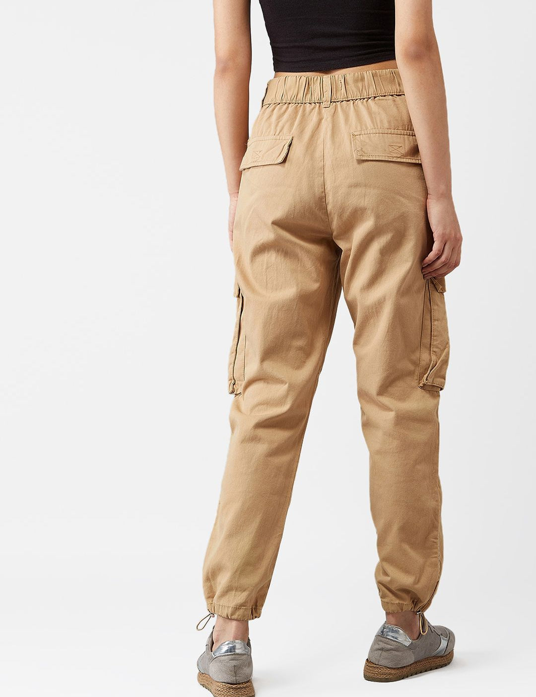 Kotty Women Beige Boyfriend Fit Solid Cargos