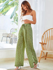 Kotty Women Green Printed Relaxed Flared High-Rise Easy Wash Pleated Trousers