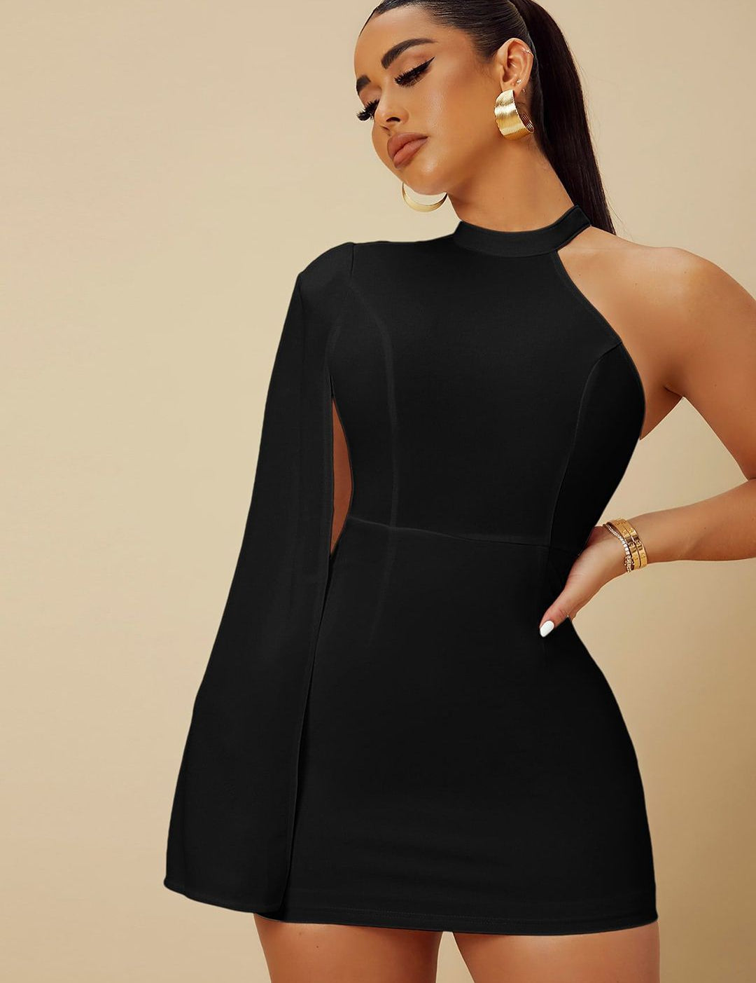 Kotty Women Solid Batwing Sleeves Bodycon Mini Dress