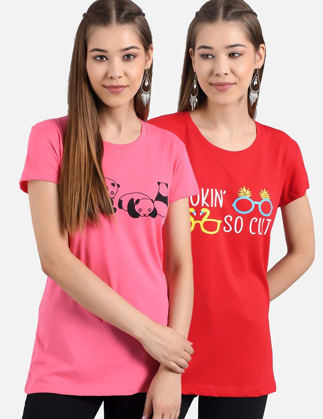 Kotty Women Pack Of 2 Red & Pink Printed Round Neck T-shirts