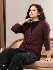 Kotty Women V-Neck Cotton Ribbed Cardigan