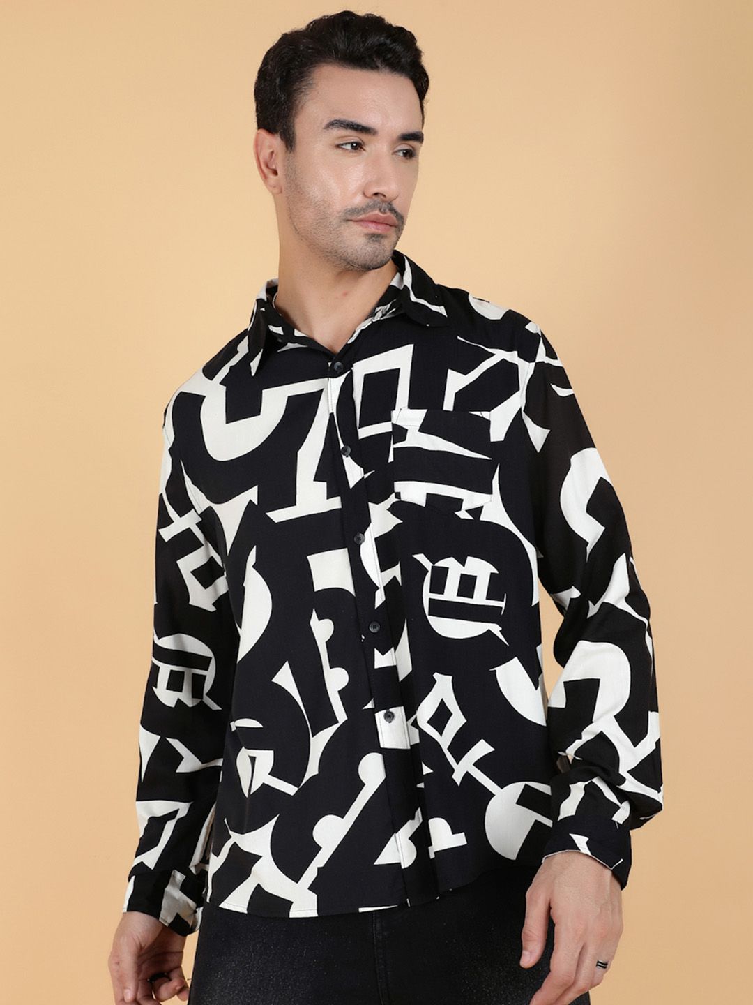 Kotty Men Relaxed Spread Collar Graphic Printed Cotton Casual Shirt