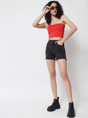 Kotty Women Black Washed High-Rise Denim Shorts