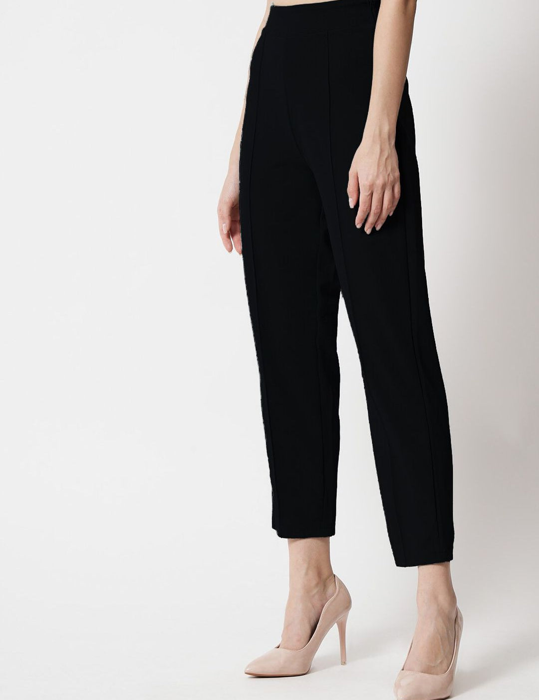Kotty Women Black Comfort Straight Fit High-Rise Easy Wash Pleated Trousers