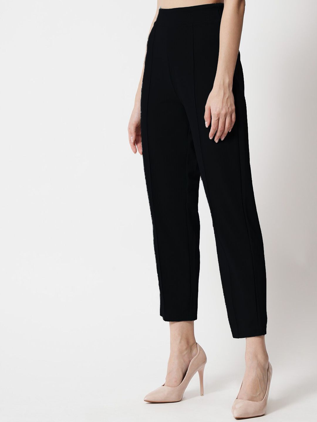 Kotty Women Black Comfort Straight Fit High-Rise Easy Wash Pleated Trousers
