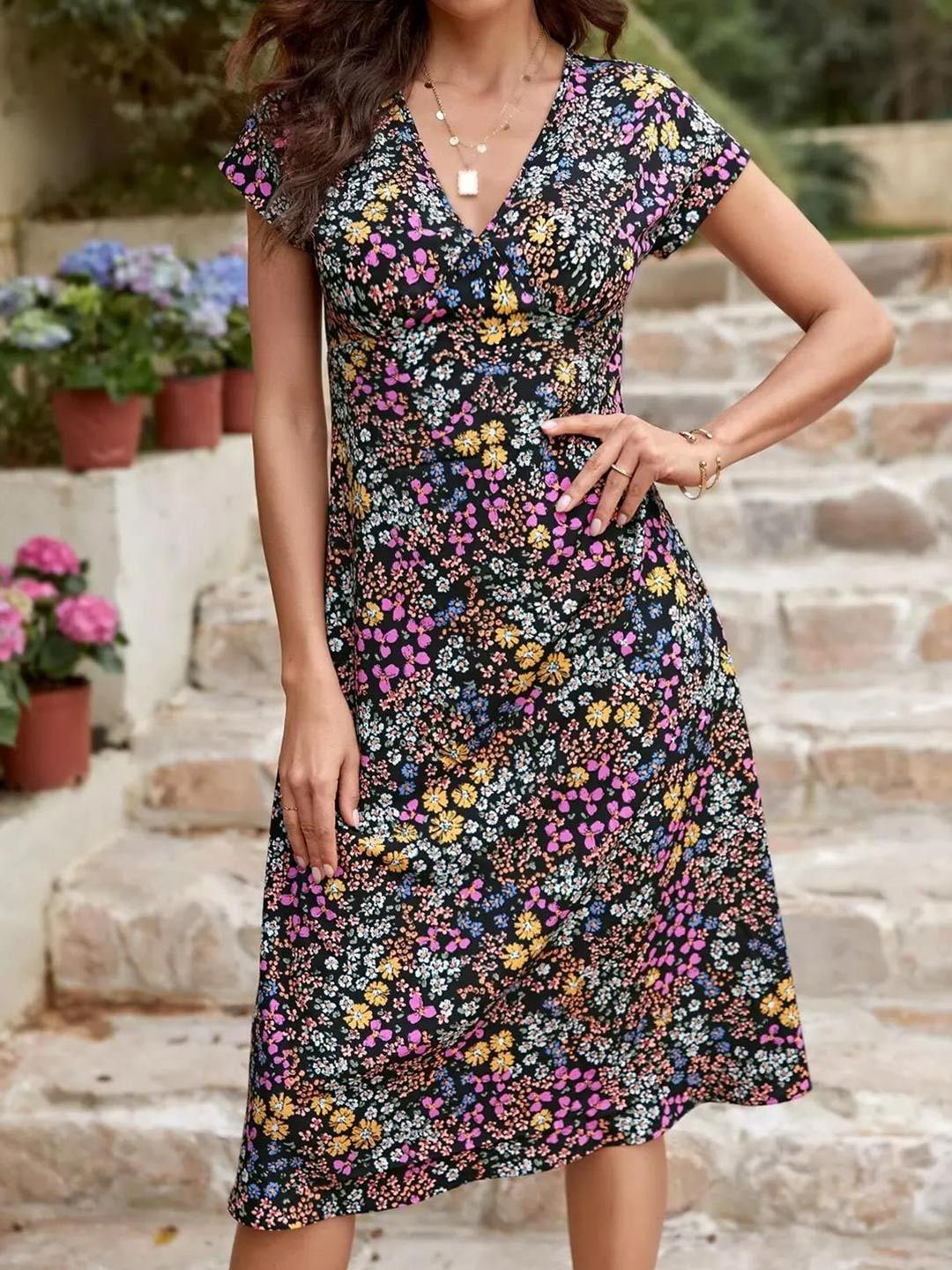 Kotty Black & Pink Floral Printed Extended Sleeves Empire Midi Dress