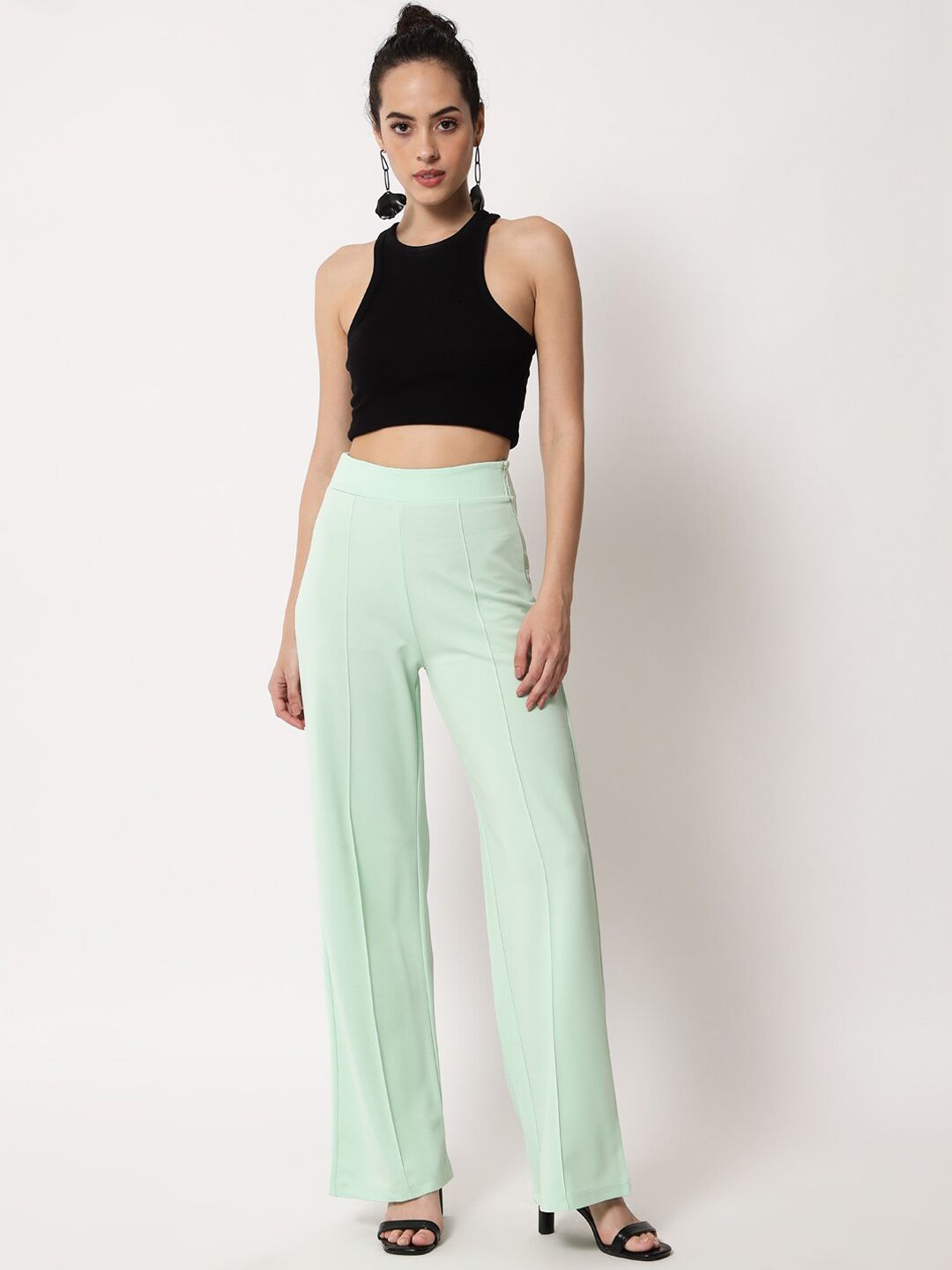 Kotty Women Green Relaxed Straight Fit High-Rise Easy Wash Trousers