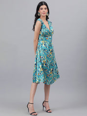 Kotty Floral Printed V-Neck Satin Midi Wrap Dress