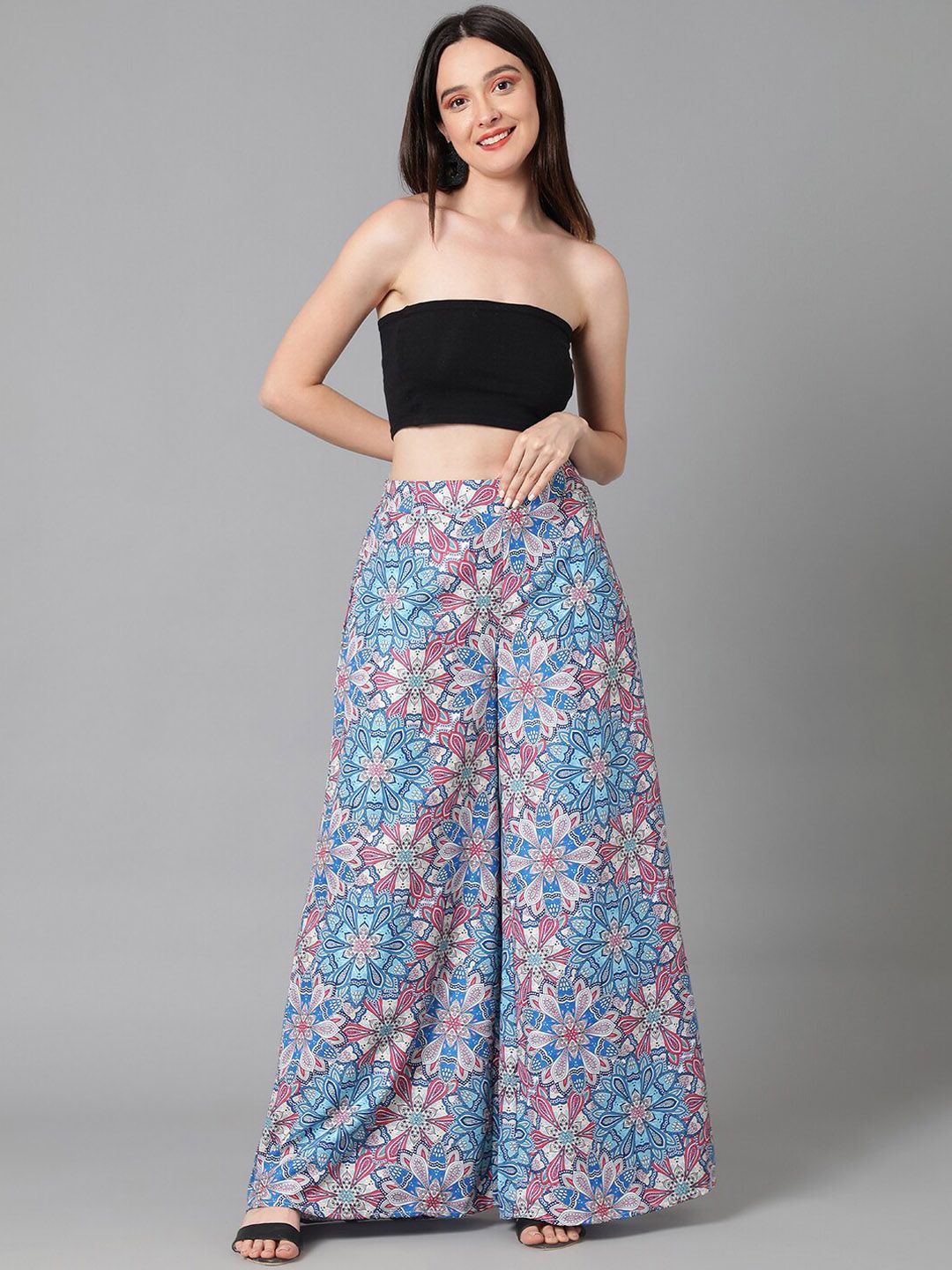 Kotty Women Blue Floral Printed Relaxed Flared Easy Wash Parallel Trousers