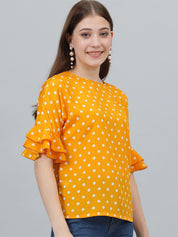 Kotty Yellow Polka Dot Print Flared Sleeve Satin Top