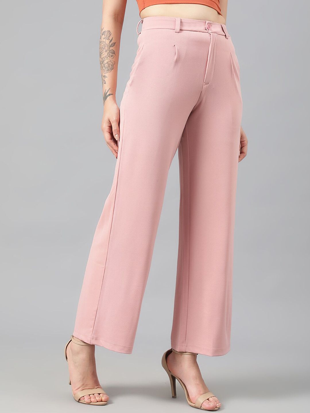 KOTTY BIZwear Women Pink Relaxed Straight Leg Fit High-Rise Easy Wash Parallel Trousers