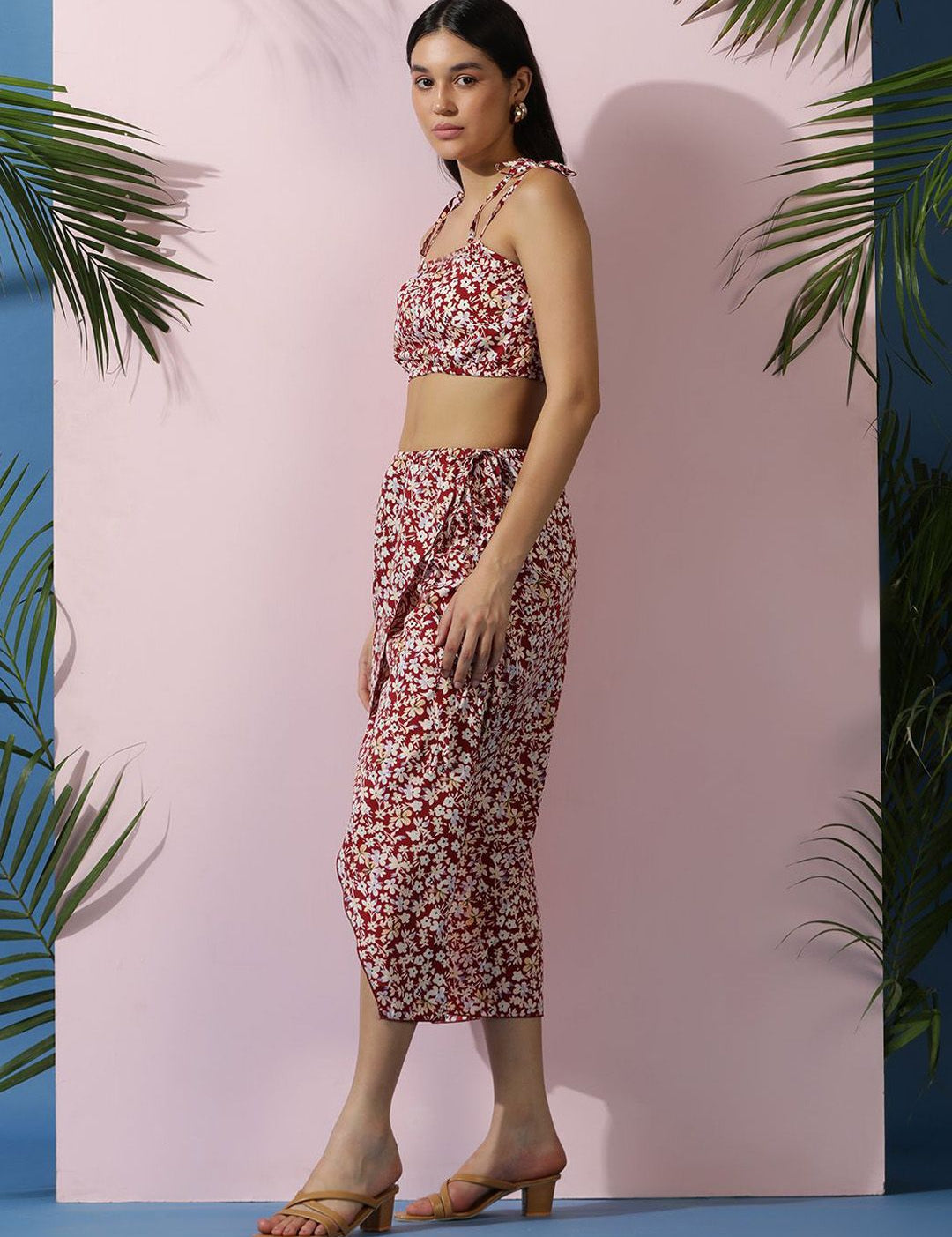 Kotty Red Floral Printed Shoulder Straps Top With Skirt