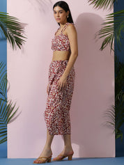 Kotty Red Floral Printed Shoulder Straps Top With Skirt