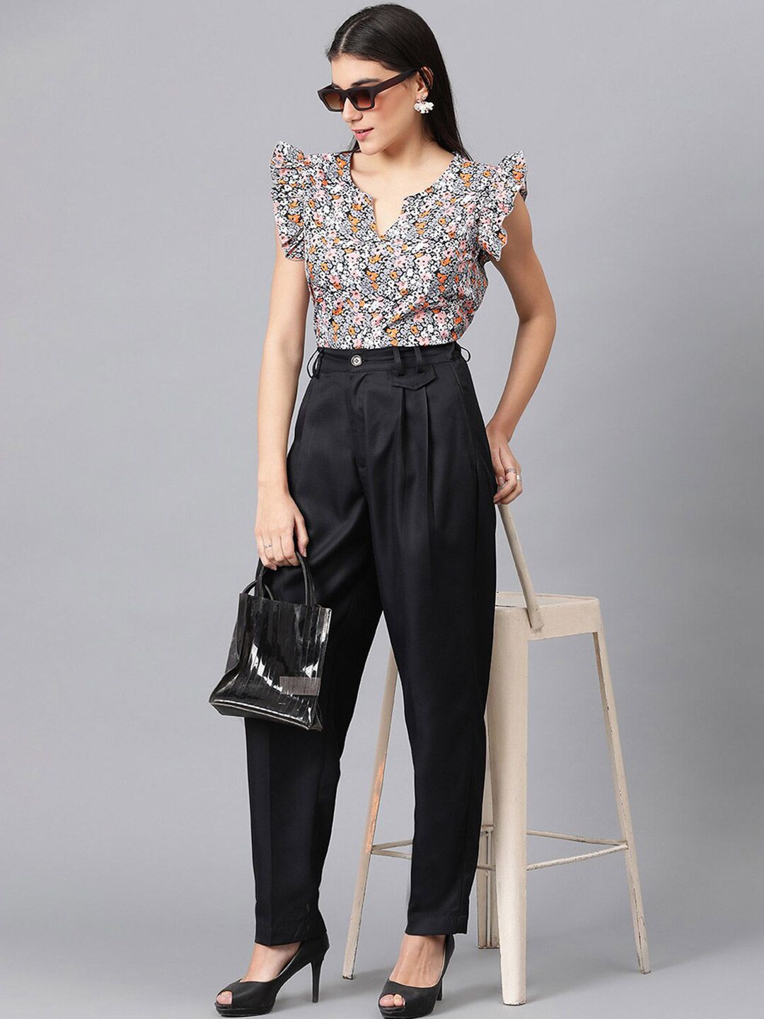 Kotty Floral Printed Flutter Sleeve Crepe Top