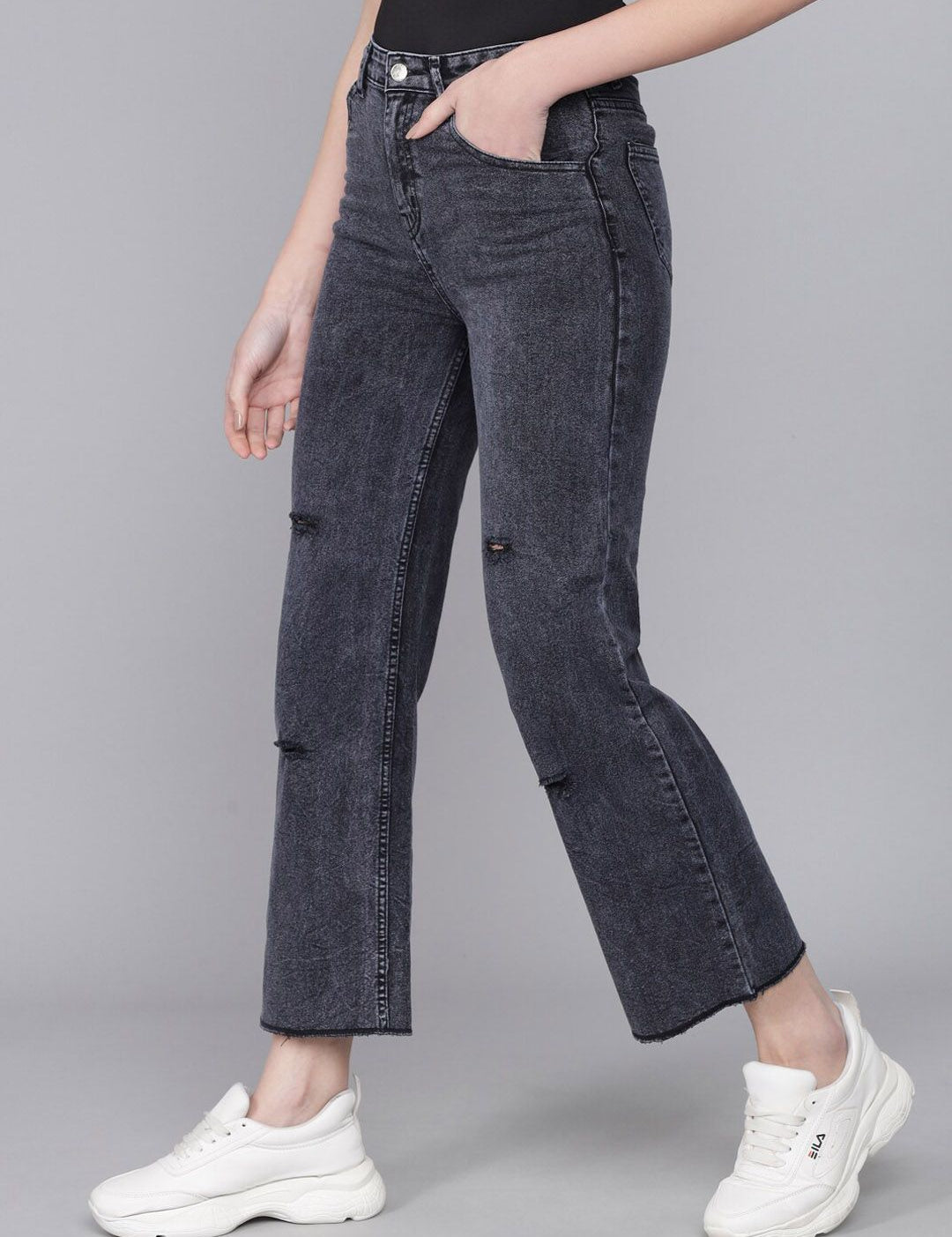 Kotty Women Black Flared High-Rise Slash Knee Heavy Fade Jeans