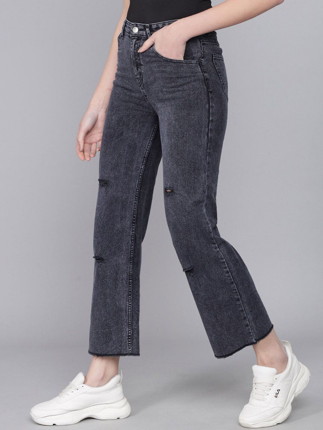 Kotty Women Black Flared High-Rise Slash Knee Heavy Fade Jeans