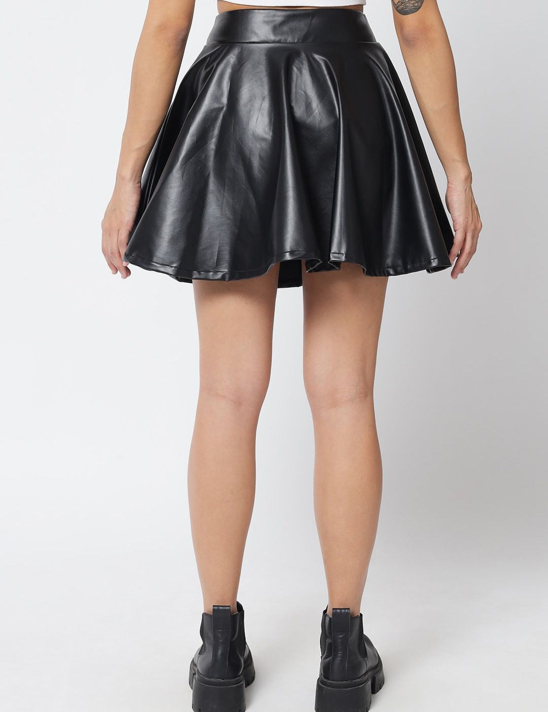 Kotty Women Black Solid Leather Flared Mini Skirt
