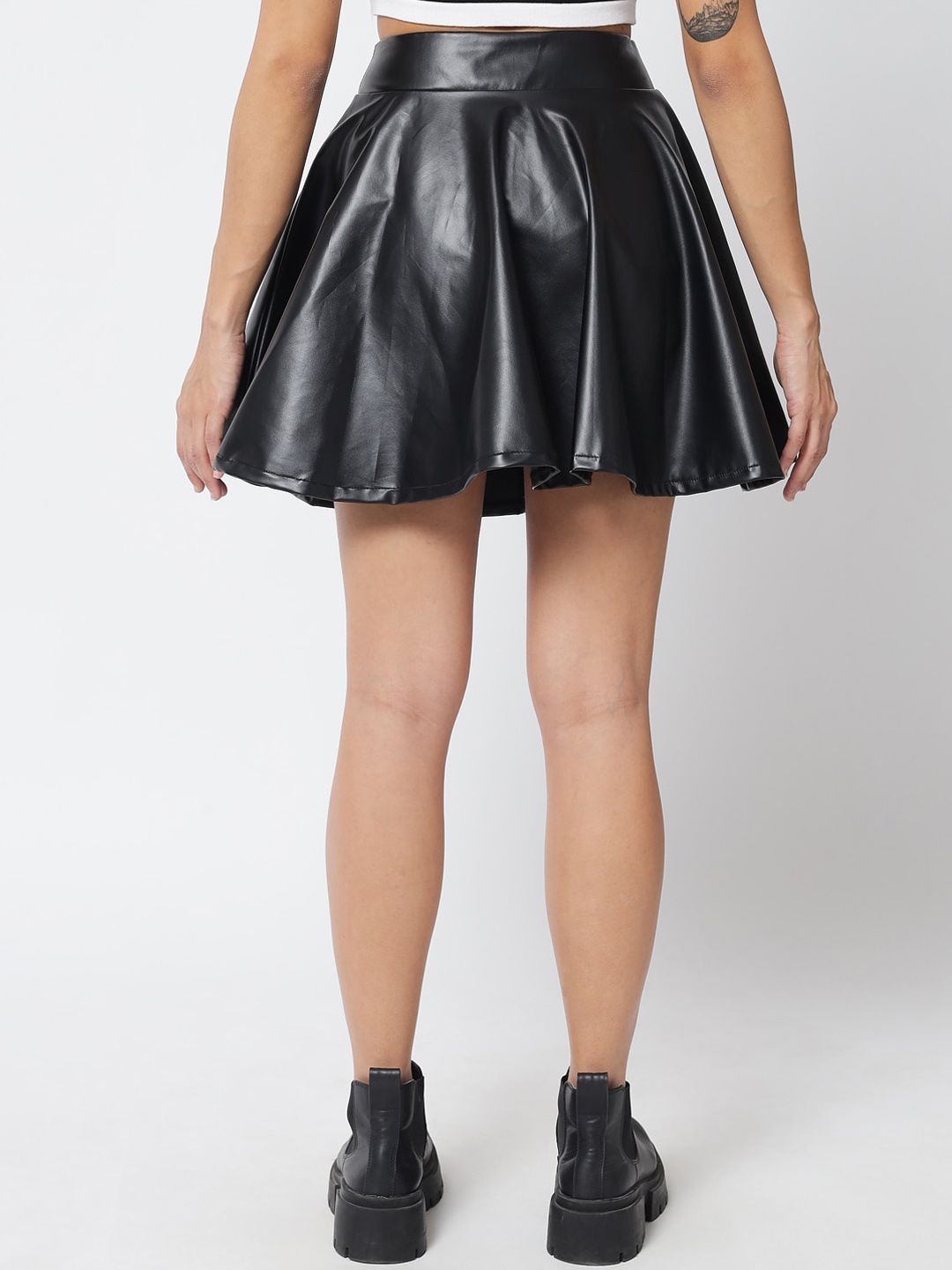 Kotty Women Black Solid Leather Flared Mini Skirt