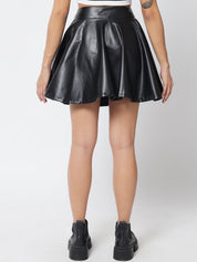 Kotty Women Black Solid Leather Flared Mini Skirt