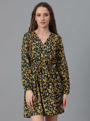 Kotty Black & Black Floral Printed V-Neck Long Sleeves Fit & Flare Dress