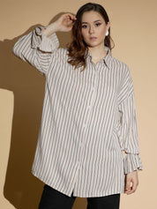 Kotty Women Spread Collar Vertical Striped Cotton Oversized Casual Shirt