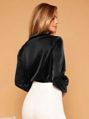 Kotty Black V-Neck Cuffed Sleeve Satin Top