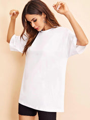 KOTTY Basics White Round Neck Drop-Shoulder Sleeves Cotton Longline Casual Oversized T-shirt