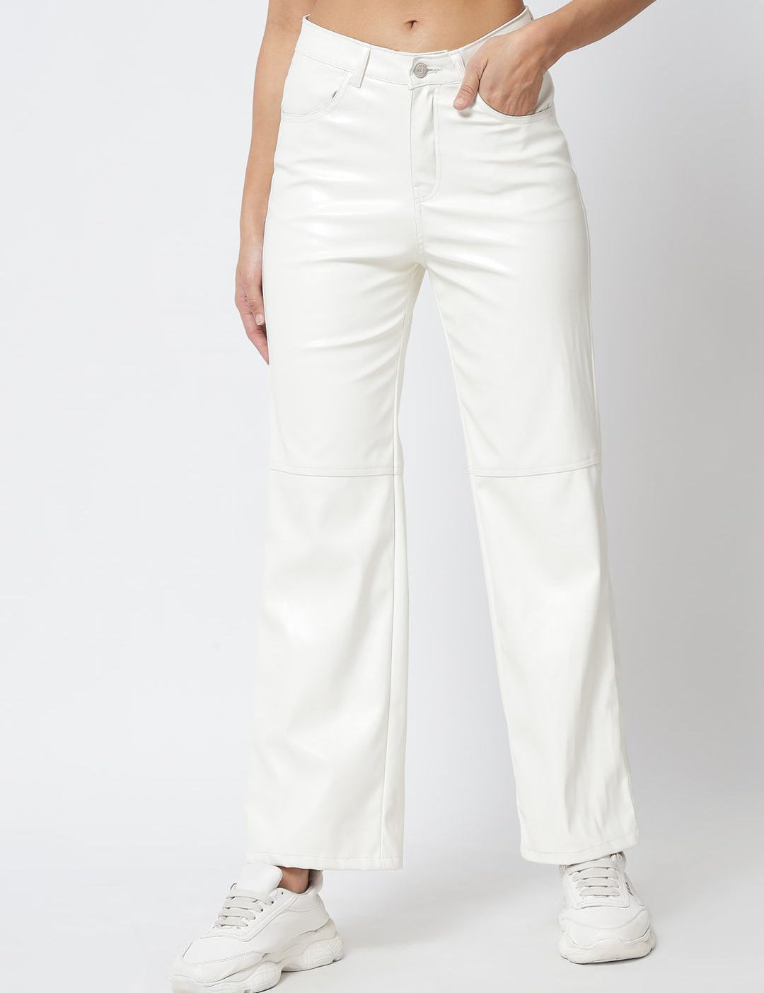 Kotty Women White Relaxed Straight Fit Faux Leather Trouser