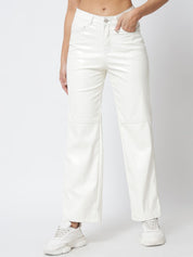 Kotty Women White Relaxed Straight Fit Faux Leather Trouser