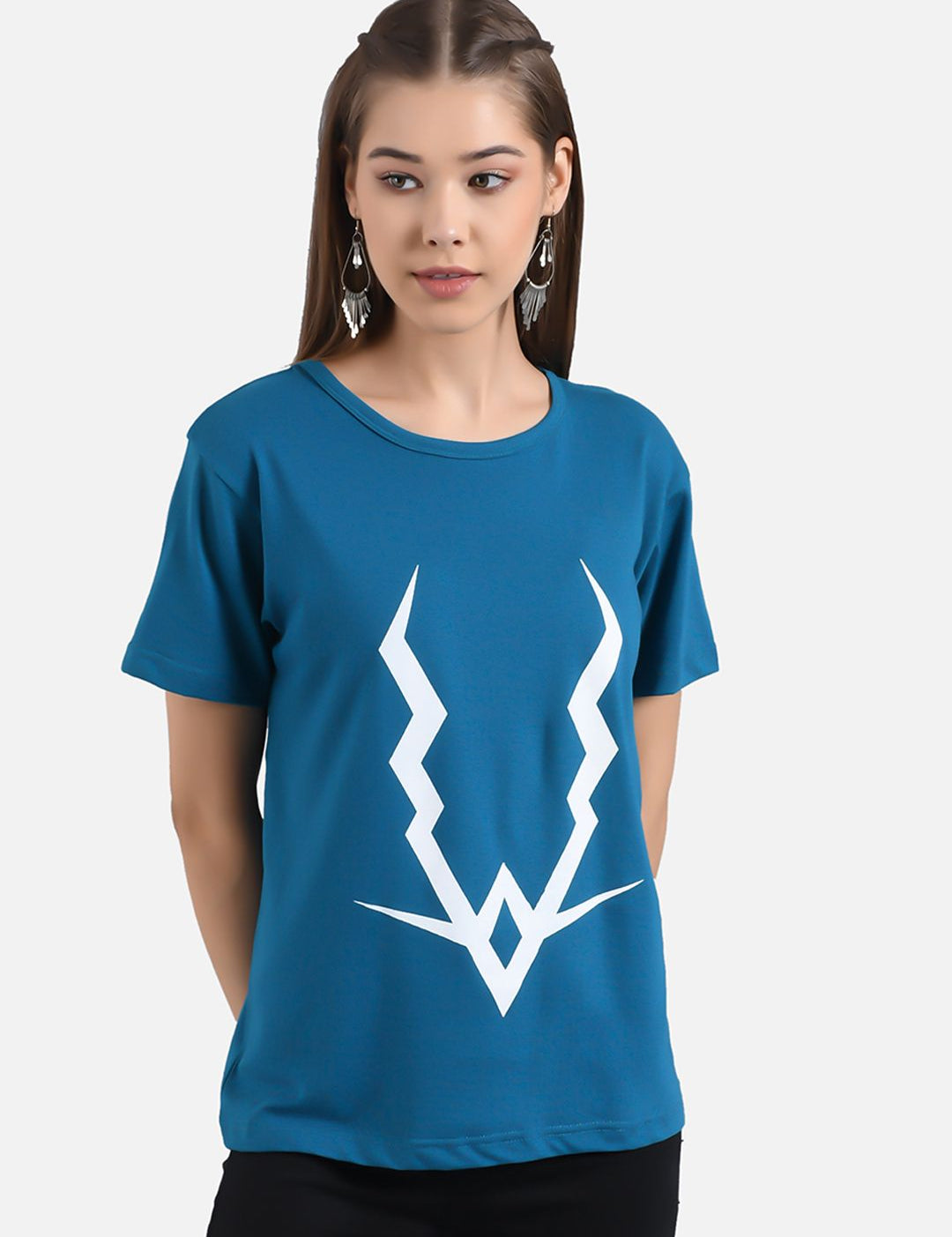 Kotty Women Blue Printed Round Neck T-shirt