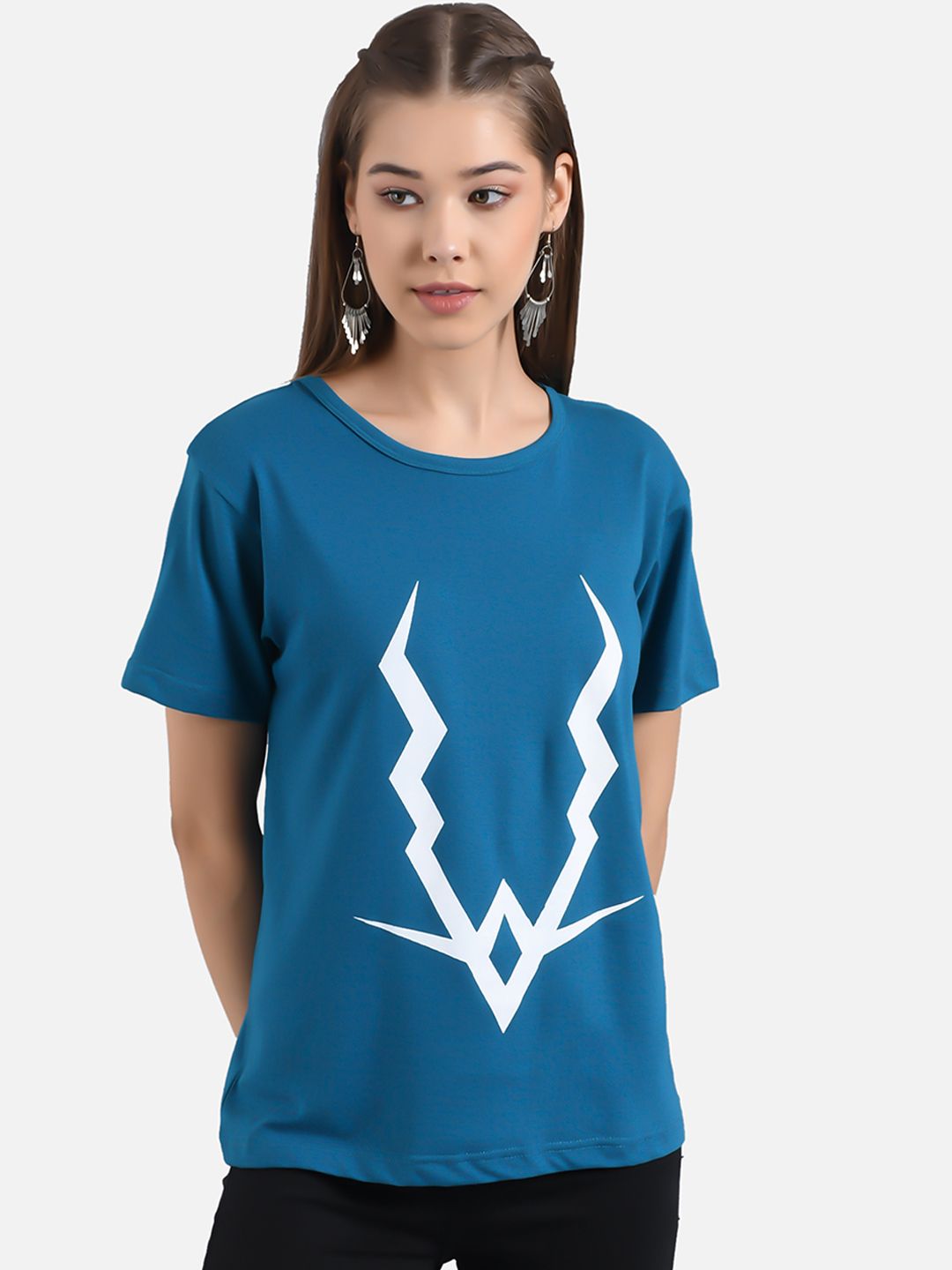 Kotty Women Blue Printed Round Neck T-shirt