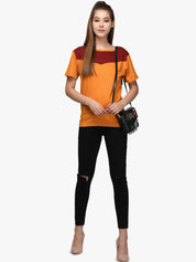 Kotty Women Maroon & Orange Colourblocked Boat Neck T-shirt