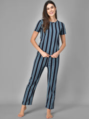 Kotty Women Blue & Black Striped Night Suit