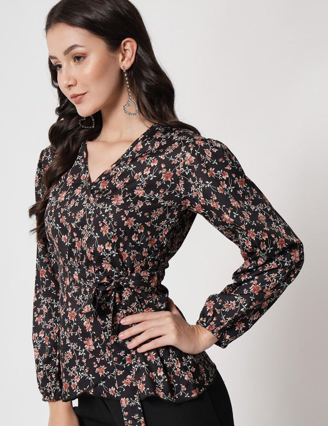 Kotty Black & Pink Floral Print Crepe Wrap Top