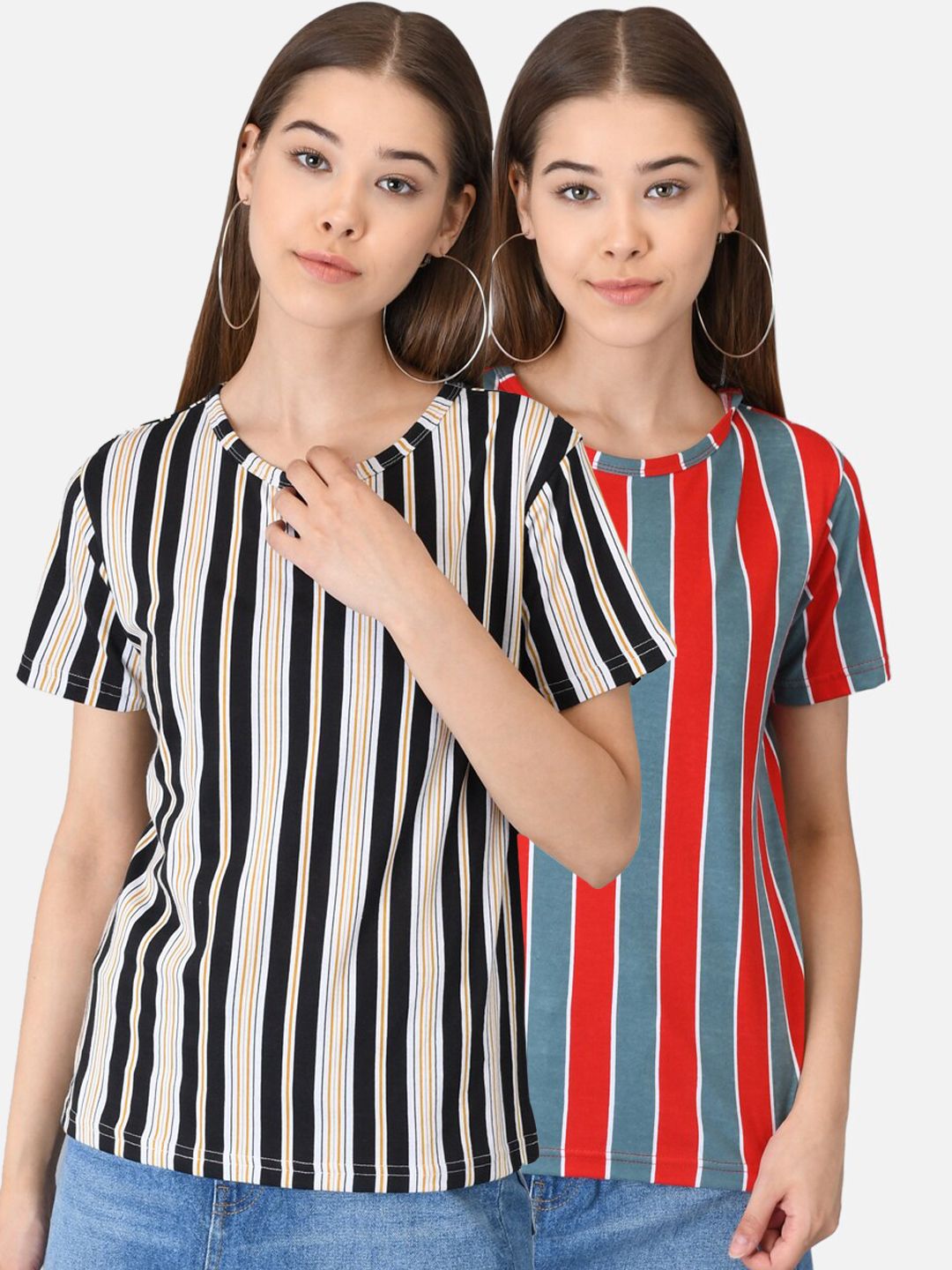 Kotty Women Pack of 2 Striped V-Neck T-shirts