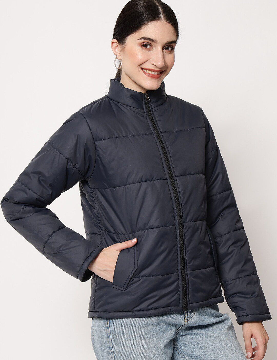Kotty Women Navy Blue Solid Polyester Puffer Jacket