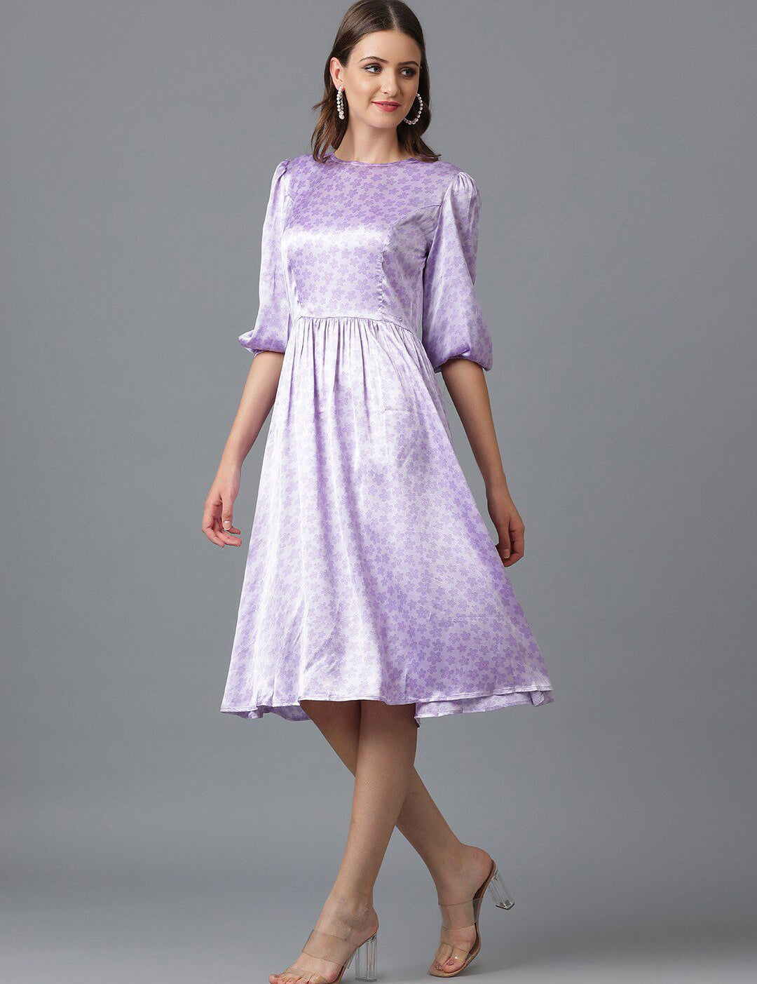 Kotty Lavender Floral Printed Satin Fit & Flare Mini Dress