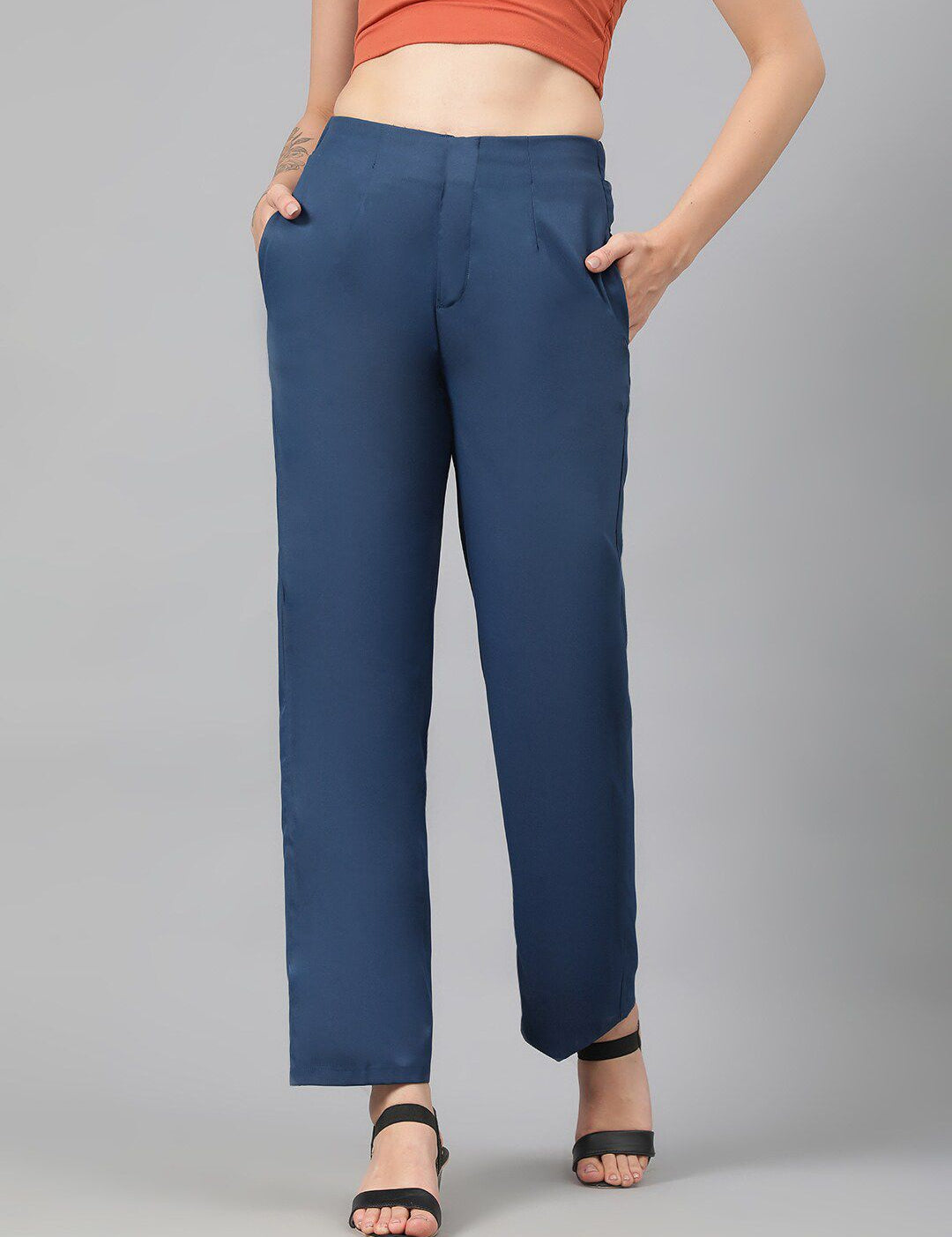 Kotty Women Teal Blue Relaxed Straight Leg Fit High-Rise Easy Wash Trousers