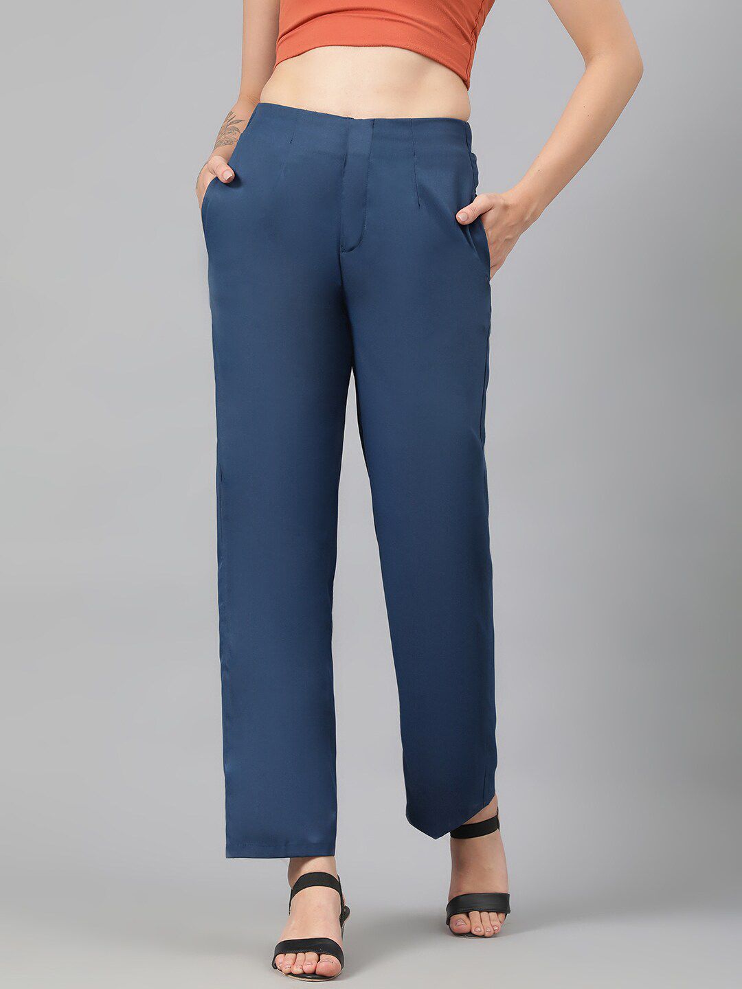 Kotty Women Teal Blue Relaxed Straight Leg Fit High-Rise Easy Wash Trousers