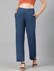 Kotty Women Teal Blue Relaxed Straight Leg Fit High-Rise Easy Wash Trousers