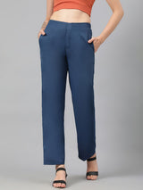 Kotty Women Teal Blue Relaxed Straight Leg Fit High-Rise Easy Wash Trousers