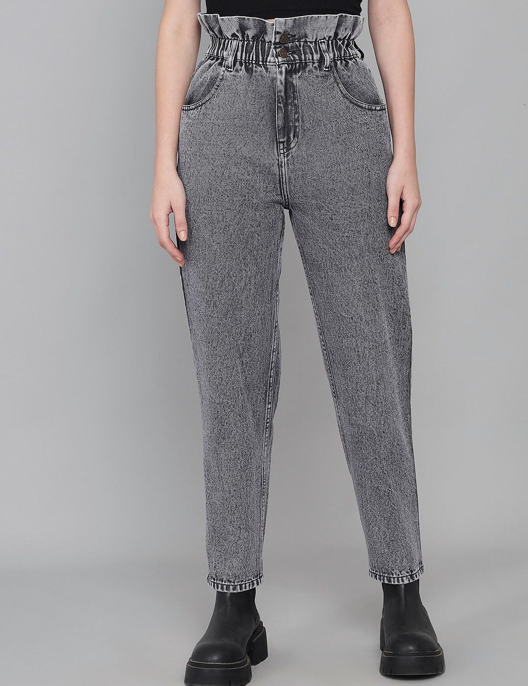 Kotty Women Charcoal Jean Boyfriend Fit High-Rise Heavy Fade Pure Cotton Jeans